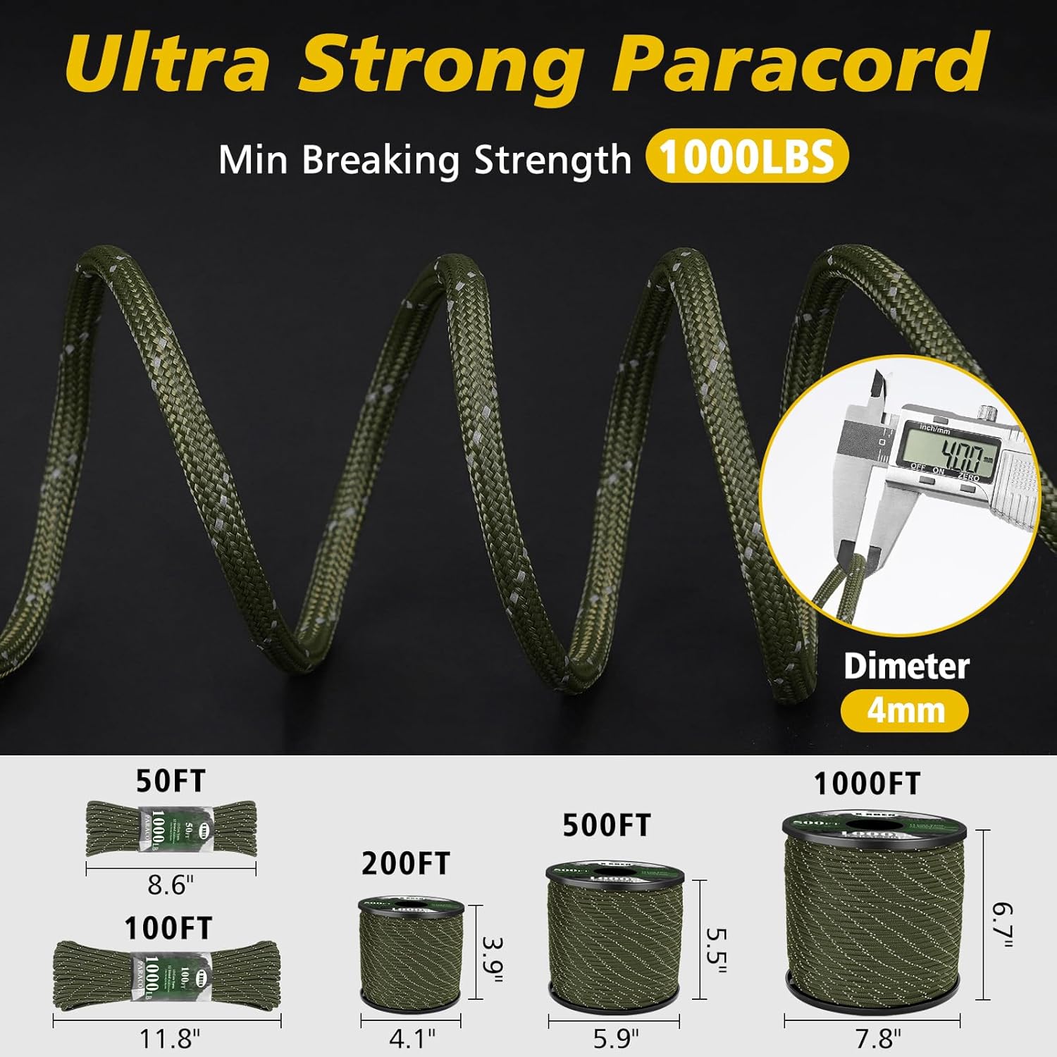 1000lb Reflective Paracord 4mm - Para Cord 1000Ft のレビューと価格