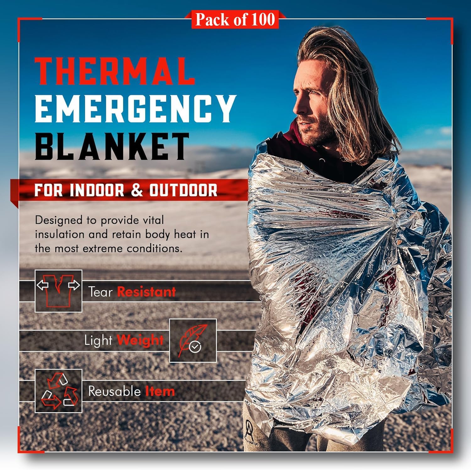 100-Pack Reflective Thermal Bl - Survival Blanket Reflective のレビューと価格